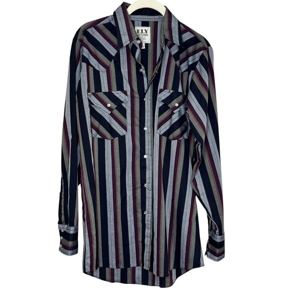 Ely Cattleman Shirt Mens Small Black Gray Burgundy Striped Western Pearl Snap - Picture 1 of 6